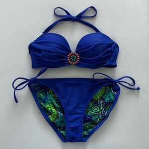 Xhilaration Cobalt Blue Medallion Bandeau Halter Bikini Set Medium